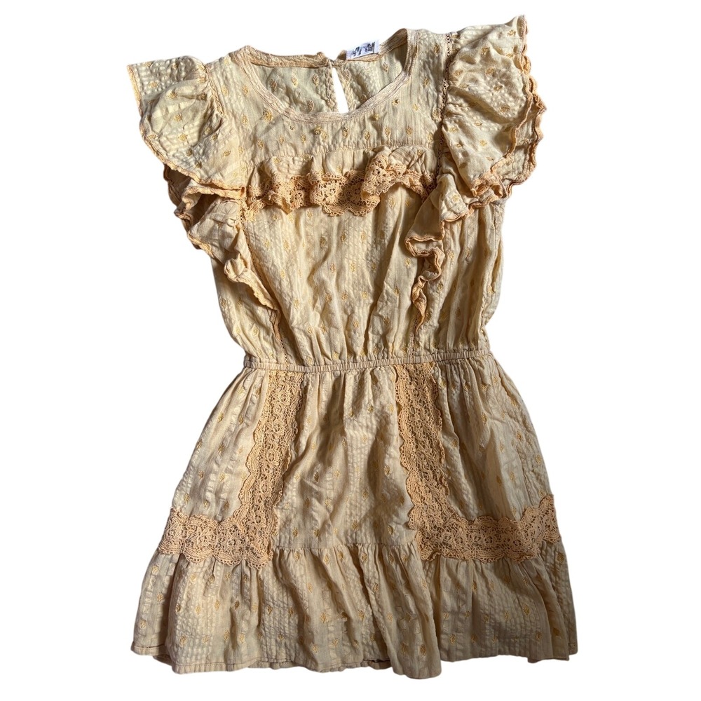 LoveShackFancy Yellow Lace-Trim Mini Dress Cottagecore Flutter Sleeve S boho - Picture 6 of 16